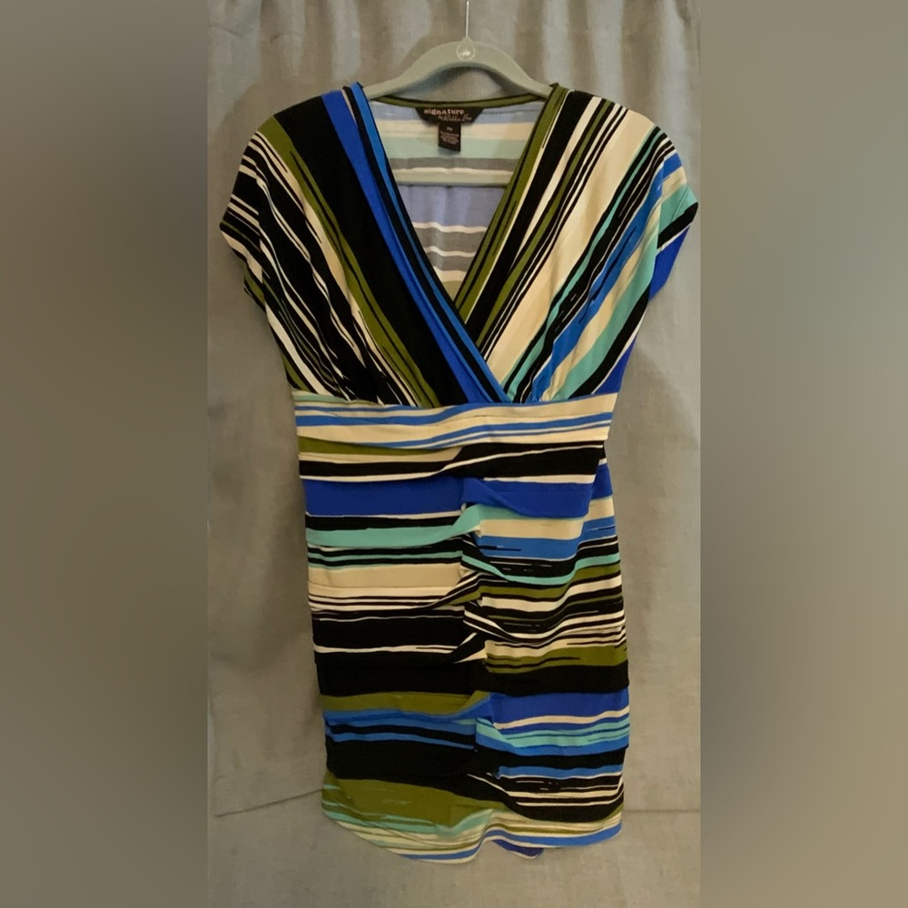 Stretch striped mini dress, ruching form fitting sexy deep v neck petite medium